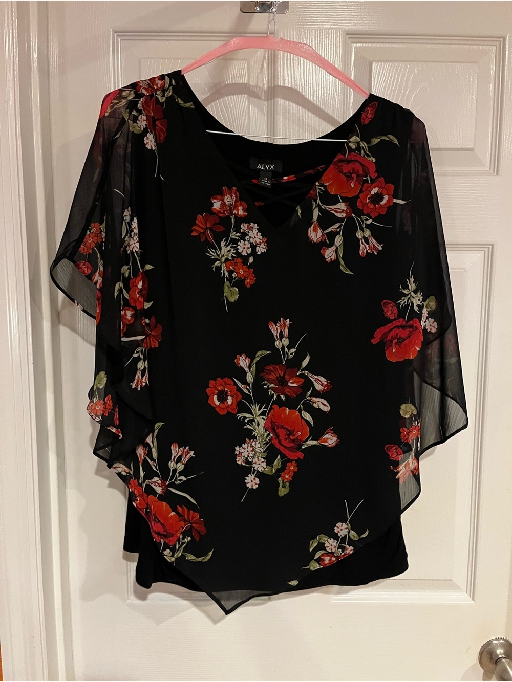 ALYX Black Sheer Floral Overlay Blouse with Red Blooms